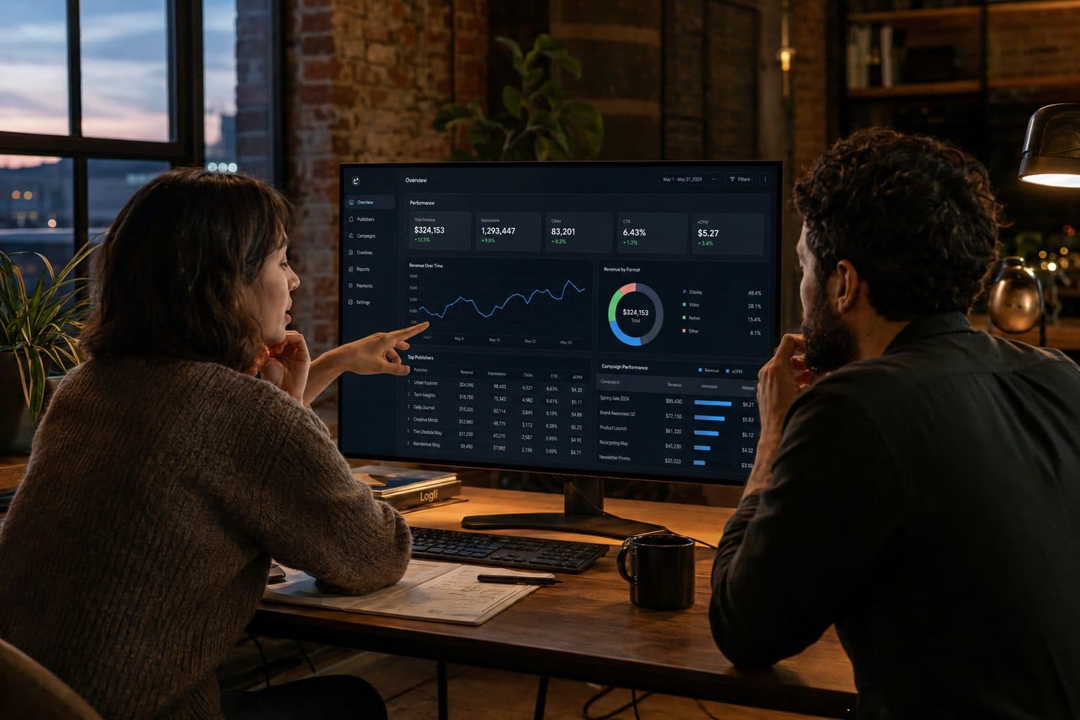 Two operators reviewing a live Oravelt campaign dashboard together